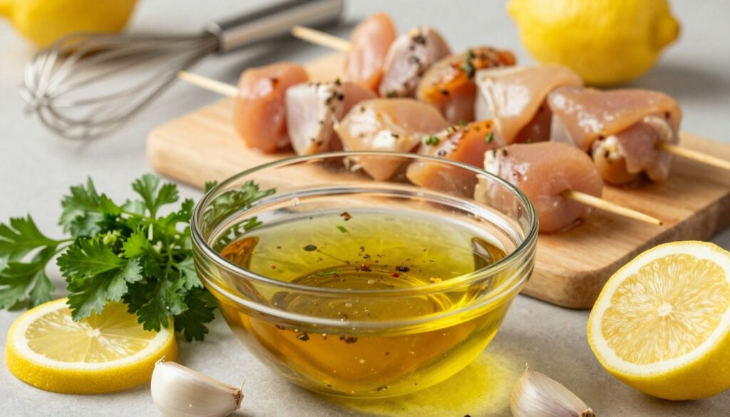 A step-by-step guide to marinating chicken for skewers, focusing on vibrant and appetizing visuals. In the foreground, display a clear glass bowl filled with a rich marinade made from olive oil, lemon juice, garlic, herbs, and spices, glistening in the light. Arrange fresh ingredients like chopped parsley, slices of lemon, and whole garlic cloves artfully around the bowl. In the middle, include an aesthetically arranged cutting board with marinated chicken pieces, ready for grilling, showcasing the texture and marinade coating. In the background, softly blurred kitchen utensils like a whisk and measuring spoons hint at a culinary setting. The lighting should be warm and inviting, creating an atmosphere of home cooking, with a shallow depth of field to emphasize the marinating process. A step-by-step guide to marinating chicken for skewers, focusing on vibrant and appetizing visuals. In the foreground, display a clear glass bowl filled with a rich marinade made from olive oil, lemon juice, garlic, herbs, and spices, glistening in the light. Arrange fresh ingredients like chopped parsley, slices of lemon, and whole garlic cloves artfully around the bowl. In the middle, include an aesthetically arranged cutting board with marinated chicken pieces, ready for grilling, showcasing the texture and marinade coating. In the background, softly blurred kitchen utensils like a whisk and measuring spoons hint at a culinary setting. The lighting should be warm and inviting, creating an atmosphere of home cooking, with a shallow depth of field to emphasize the marinating process.