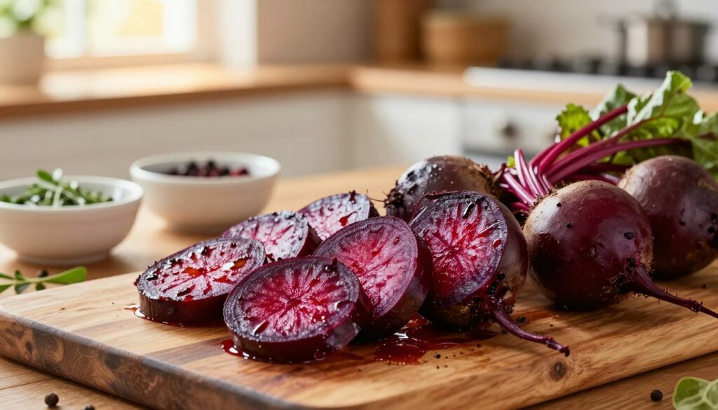 A vibrant and appetizing image of succulent roasted beets on a rustic wooden table. In the foreground, focus on perfectly roasted, glossy beets with their deep red and purple hues glistening under warm, natural light. Some beets have been sliced, showcasing their tender, juicy interiors, while a few whole beets with their leafy greens intact add an earthy touch. In the middle ground, an array of elegant ceramic dishes holds seasonal herbs and spices, hinting at the preparation process. The background features a softly blurred kitchen setting, with hints of warm sunlight streaming through a window, creating a cozy and inviting atmosphere, evoking the delightful experience of home-cooked meals. The overall mood is warm, fresh, and appetizing, inviting the viewer to savor the moment.