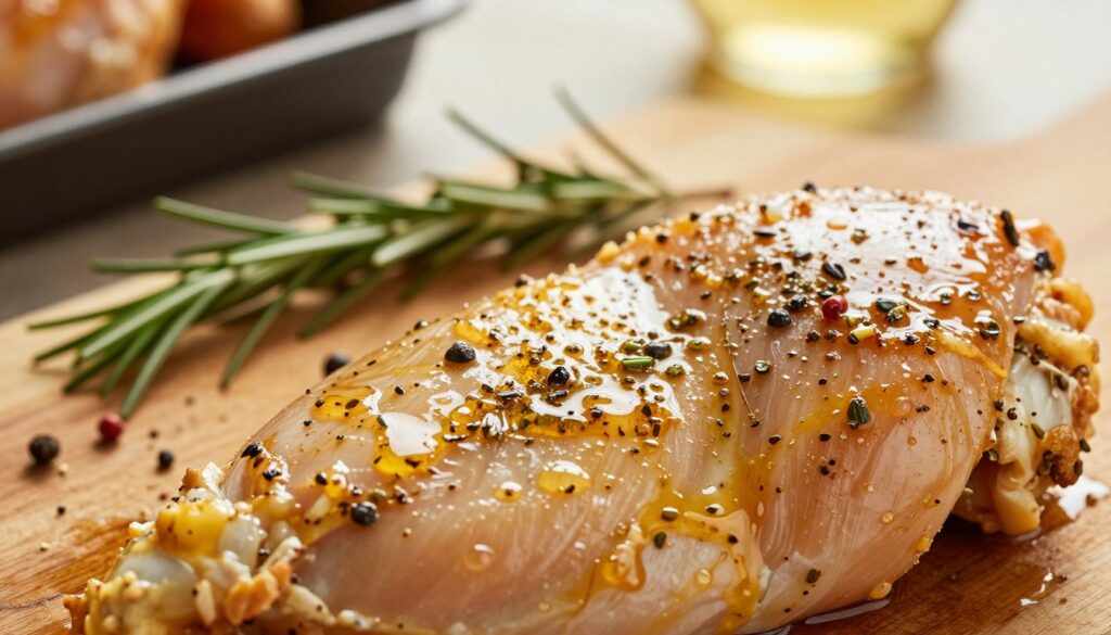 A vibrant, close-up image of a marinated chicken breast, glistening with a rich, golden marinade, showcasing a blend of herbs, spices, and a glossy glaze. The foreground captures the texture of the chicken, highlighting the glistening marinate with droplets emphasizing freshness. In the middle, a rustic wooden cutting board with various herbs (like rosemary and thyme) and spices scattered around, hinting at flavor depth. In the background, softly blurred kitchen elements, such as a tray for roasting and warm light filtering through, enhancing the inviting atmosphere. The lighting is warm and soft, creating a cozy feel, while the angle is slightly top-down to emphasize the marinated chicken's appeal.