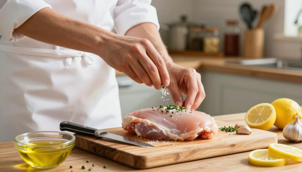 A vibrant kitchen scene featuring a raw chicken breast being prepared on a rustic wooden cutting board. In the foreground, a cook, dressed in a neat white apron and casual shirt, skillfully seasons the chicken with a sprinkle of salt and freshly chopped herbs. A sharp knife and a small bowl of olive oil are visible, emphasizing the preparation process. In the middle, ingredients like garlic cloves and lemon slices create a colorful and inviting atmosphere. The background shows a softly lit kitchen with shelves filled with spices and cooking utensils, suggesting a warm, homey environment. The lighting is bright but warm, casting soft shadows to enhance the texture of the chicken and the ingredients, reflecting a cozy, delicious preparation mood.