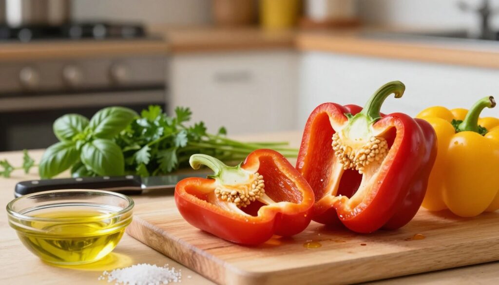 A vibrant kitchen scene focused on the preparation of bell peppers for roasting. In the foreground, fresh, glossy red and yellow bell peppers are halved, their seeds gently removed, placed on a cutting board. There is a small bowl of olive oil and a sprinkle of sea salt nearby. In the middle ground, a knife rests beside the cutting board, and a colorful array of herbs like basil and parsley adds freshness. The background features a softly lit kitchen environment with warm, inviting colors—perhaps an oven preheating, adding to the homely atmosphere. The lighting is natural and bright, illuminating the vegetables, creating a cheerful and appetizing mood that emphasizes the beauty of cooking.