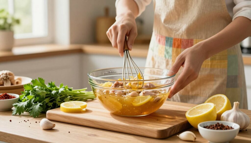 A vibrant kitchen scene focusing on the preparation of a chicken marinade. In the foreground, a wooden cutting board is adorned with fresh ingredients: bright green herbs, sliced lemons, garlic cloves, and spices in bowls. A gleaming glass bowl holds the mixed marinade, showcasing a rich, golden hue. In the middle ground, a pair of hands, clad in a colorful apron, can be seen whisking the marinade, emphasizing motion and action. The background features a warm, inviting kitchen with soft, natural lighting coming from a nearby window, casting gentle shadows. The mood is cozy and cheerful, evoking a sense of home cooking and the anticipation of a delicious meal.