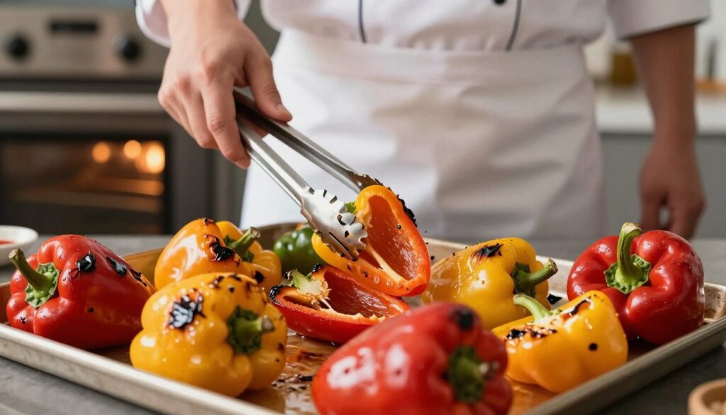 A vibrant kitchen scene showcasing the common mistakes of roasting bell peppers. In the foreground, a close-up of burnt and unevenly charred bell peppers on a baking tray, some showing blistered skin while others remain undercooked. In the middle ground, a chef’s hand holding tongs while inspecting the peppers, wearing a professional apron and engaging in the cooking process. In the background, a softly lit oven with glowing elements, hinting at the incorrect temperature settings. The mood is educational yet light-hearted, with warm, inviting lighting that highlights the peppers' colors—rich reds, yellows, and greens. The image captures a sense of culinary experimentation and the journey to achieve the perfect roasted pepper.