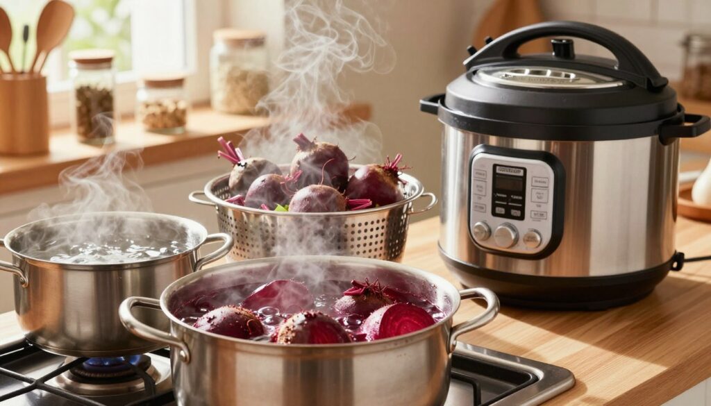 A vibrant kitchen scene showcasing three methods of cooking beets: on the stovetop in a pot of boiling water, in a steaming basket, and inside a pressure cooker. The foreground features a large pot filled with deep red beets simmering on the stove, steam rising gently above. In the middle, a steaming basket is visible, filled with beets, with clear vapor enveloping it. To the side, a shiny pressure cooker reflects the warm kitchen light. The background reveals a cozy kitchen setting, with wooden shelves holding spices and cooking utensils. Soft, natural lighting filters through a window, creating an inviting and warm atmosphere. The composition should emphasize the beets' rich color and texture, evoking a sense of freshness and culinary delight. A vibrant kitchen scene showcasing three methods of cooking beets: on the stovetop in a pot of boiling water, in a steaming basket, and inside a pressure cooker. The foreground features a large pot filled with deep red beets simmering on the stove, steam rising gently above. In the middle, a steaming basket is visible, filled with beets, with clear vapor enveloping it. To the side, a shiny pressure cooker reflects the warm kitchen light. The background reveals a cozy kitchen setting, with wooden shelves holding spices and cooking utensils. Soft, natural lighting filters through a window, creating an inviting and warm atmosphere. The composition should emphasize the beets' rich color and texture, evoking a sense of freshness and culinary delight.