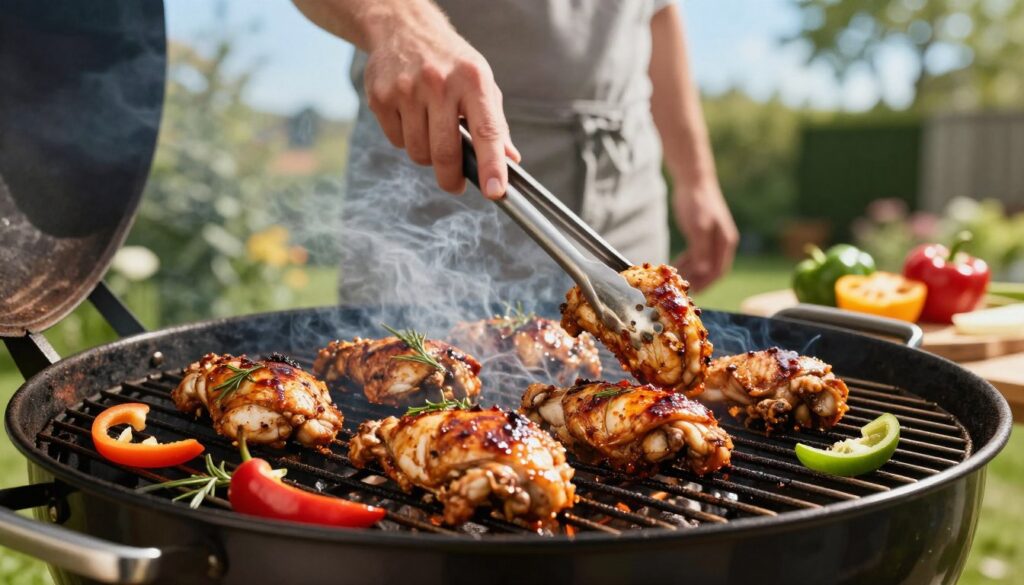 A vibrant outdoor scene showcasing the process of grilling marinated chicken step by step. In the foreground, a grilling station with succulent pieces of chicken sizzling on a smoky barbecue grill, glistening with a rich marinade. Brightly colored peppers and herbs accentuate the preparation of the dish, adding a touch of freshness. In the middle ground, a person in casual clothing, expertly flipping the chicken with tongs, exuding a sense of mastery and enjoyment in grilling. The background features a lush green garden and a clear blue sky, enhancing the outdoor cooking atmosphere. Soft sunlight filters through, creating warm highlights on the chicken and grill, evoking a lively summer gathering mood. Emphasize the textures of the marinated chicken and the inviting setting, while ensuring a clean and professional presentation.