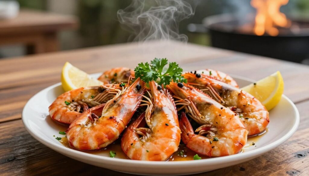 A vibrant plate of grilled shrimp glistening with a mouthwatering marinade, positioned prominently in the foreground. The succulent shrimp, seasoned with spices and herbs, are arranged artfully with vibrant garnishes of fresh parsley and lemon wedges adding color. In the background, a rustic wooden table set under soft, warm lighting creates an inviting atmosphere, with hints of a flickering grill and smoky aroma suggested through subtle steam rising. The lens captures a close-up shot, emphasizing the texture of the shrimp, with a shallow depth of field that softly blurs the background. The overall mood is warm and inviting, perfect for a summer barbecue, evoking the savory joy of perfectly grilled seafood.
