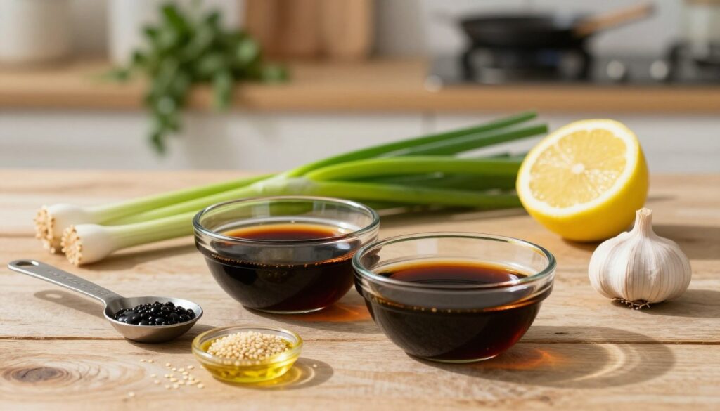 A visually appealing arrangement of soy sauce and its proportions displayed on a rustic wooden table. In the foreground, a clear glass bowl contains dark soy sauce, with a traditional measuring spoon next to it showcasing portions of soy, sesame oil, and garlic. The middle ground features a vibrant green scallion and a halved lemon, adding freshness to the composition. In the background, a softly blurred kitchen setting reveals a warm ambiance with hanging herbs and faint cooking utensils, creating a homely atmosphere. Natural light floods the scene from the side, casting gentle shadows and highlighting the rich textures of the ingredients. The overall mood is inviting and appetizing, perfectly encapsulating the essence of a flavorful marinade for chicken. A visually appealing arrangement of soy sauce and its proportions displayed on a rustic wooden table. In the foreground, a clear glass bowl contains dark soy sauce, with a traditional measuring spoon next to it showcasing portions of soy, sesame oil, and garlic. The middle ground features a vibrant green scallion and a halved lemon, adding freshness to the composition. In the background, a softly blurred kitchen setting reveals a warm ambiance with hanging herbs and faint cooking utensils, creating a homely atmosphere. Natural light floods the scene from the side, casting gentle shadows and highlighting the rich textures of the ingredients. The overall mood is inviting and appetizing, perfectly encapsulating the essence of a flavorful marinade for chicken.