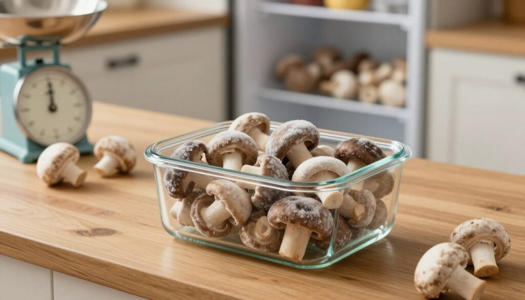 A visually appealing scene showcasing the concept of storing frozen mushrooms. In the foreground, a clear glass container filled with vibrant, neatly arranged frozen mushrooms, showcasing their texture and color. The middle ground features a wooden kitchen table with a natural, rustic feel, complemented by fresh, whole mushrooms and a small kitchen scale. In the background, a softly lit kitchen setting with an open freezer, hinting at organized storage. Warm, soft lighting casts gentle shadows, creating a cozy and inviting atmosphere. The camera angle is slightly elevated, focusing on the container while capturing the overall scene with depth and clarity. The mood is warm and homely, emphasizing proper food storage and preparation. A visually appealing scene showcasing the concept of storing frozen mushrooms. In the foreground, a clear glass container filled with vibrant, neatly arranged frozen mushrooms, showcasing their texture and color. The middle ground features a wooden kitchen table with a natural, rustic feel, complemented by fresh, whole mushrooms and a small kitchen scale. In the background, a softly lit kitchen setting with an open freezer, hinting at organized storage. Warm, soft lighting casts gentle shadows, creating a cozy and inviting atmosphere. The camera angle is slightly elevated, focusing on the container while capturing the overall scene with depth and clarity. The mood is warm and homely, emphasizing proper food storage and preparation.