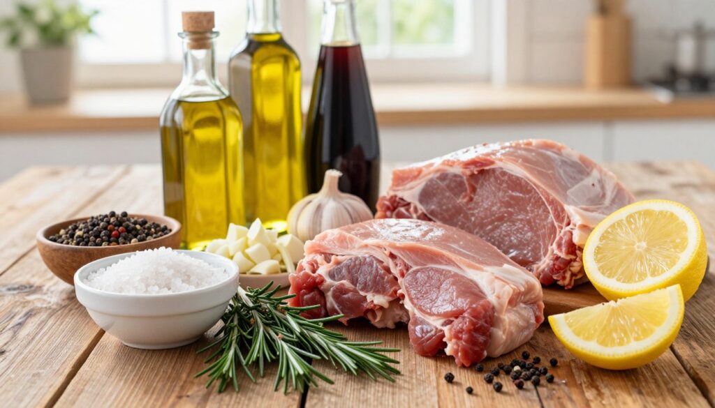 A visually enticing collection of pork marinade ingredients displayed on a rustic wooden table, featuring a vibrant array of spices and herbs. In the foreground, a small bowl filled with coarse sea salt, a cluster of fresh rosemary and thyme, and a squeeze of lemon for a zesty touch. In the middle, bottles of olive oil and soy sauce, alongside chopped garlic and freshly ground black pepper. In the background, soft natural light filters through a kitchen window, creating a warm and inviting atmosphere. The scene is carefully arranged to emphasize the freshness and appeal of the ingredients, suggesting the preparation of a delicious pork marinade for juicy and tender meat. The angle captures the ingredients from a slightly elevated perspective, enticing viewers with abundance and flavor.