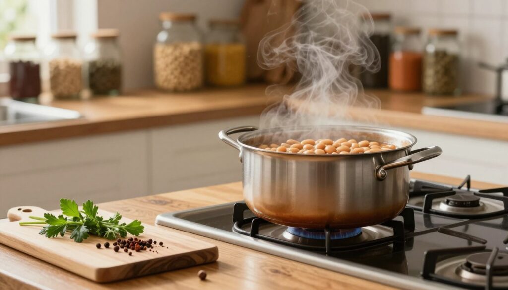 A warm and inviting kitchen scene showcasing a pot of simmering beans on a stovetop, with steam gently rising. The foreground features a wooden countertop with a cutting board, fresh herbs, and spices arranged artfully. In the middle, the pot of beans is illuminated by soft, natural lighting, creating a cozy atmosphere, with hints of green from the herbs contrasting against the rustic kitchen elements. The background reveals shelves filled with jars of dried legumes and spices, adding texture and warmth. The image conveys a sense of comfort and cooking knowledge, ideal for illustrating effective bean cooking techniques to prevent gas. The angle captures the pot slightly from the side, focusing on the beans' creamy texture while ensuring the kitchen environment feels homely and inviting.