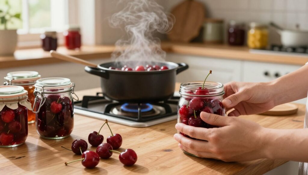 A warm, inviting kitchen scene featuring a wooden table laden with fresh, glistening cherries and jars ready for canning. In the foreground, two hands gently fill a glass jar with the vibrant red cherries, highlighting the glossy texture of the fruit. The middle ground shows a pot on the stove, steam rising, indicating freshly cooked cherries, with a ladle resting nearby. In the background, shelves filled with colorful fruit preserves and rustic kitchenware create a cozy atmosphere. Soft, natural lighting filters through a nearby window, casting a gentle glow on the scene. The focus is sharp on the canning process, evoking a sense of tradition and the joy of preserving summer's bounty.