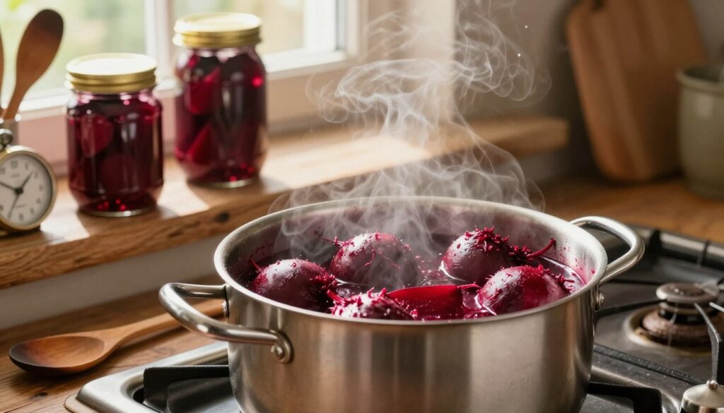 A warm kitchen scene featuring a pot of beets simmering on the stove, steam rising gently into the air. In the foreground, focus on a stainless steel pot filled with vibrant red beets, their skins slightly wrinkled from cooking. Surrounding the pot are various kitchen utensils, like a wooden spoon and a timer, conveying a sense of preparation. In the middle background, a rustic wooden table showcases jars filled with pickled beets, glistening in the warm light. Natural sunlight filters through a window, creating a cozy, inviting atmosphere. The color palette is rich with deep reds and earthy browns, enhancing the seasonal theme of preserving food for winter. Overall, the image should evoke a sense of tradition and home cooking, inviting viewers into the warmth of the culinary process. A warm kitchen scene featuring a pot of beets simmering on the stove, steam rising gently into the air. In the foreground, focus on a stainless steel pot filled with vibrant red beets, their skins slightly wrinkled from cooking. Surrounding the pot are various kitchen utensils, like a wooden spoon and a timer, conveying a sense of preparation. In the middle background, a rustic wooden table showcases jars filled with pickled beets, glistening in the warm light. Natural sunlight filters through a window, creating a cozy, inviting atmosphere. The color palette is rich with deep reds and earthy browns, enhancing the seasonal theme of preserving food for winter. Overall, the image should evoke a sense of tradition and home cooking, inviting viewers into the warmth of the culinary process.