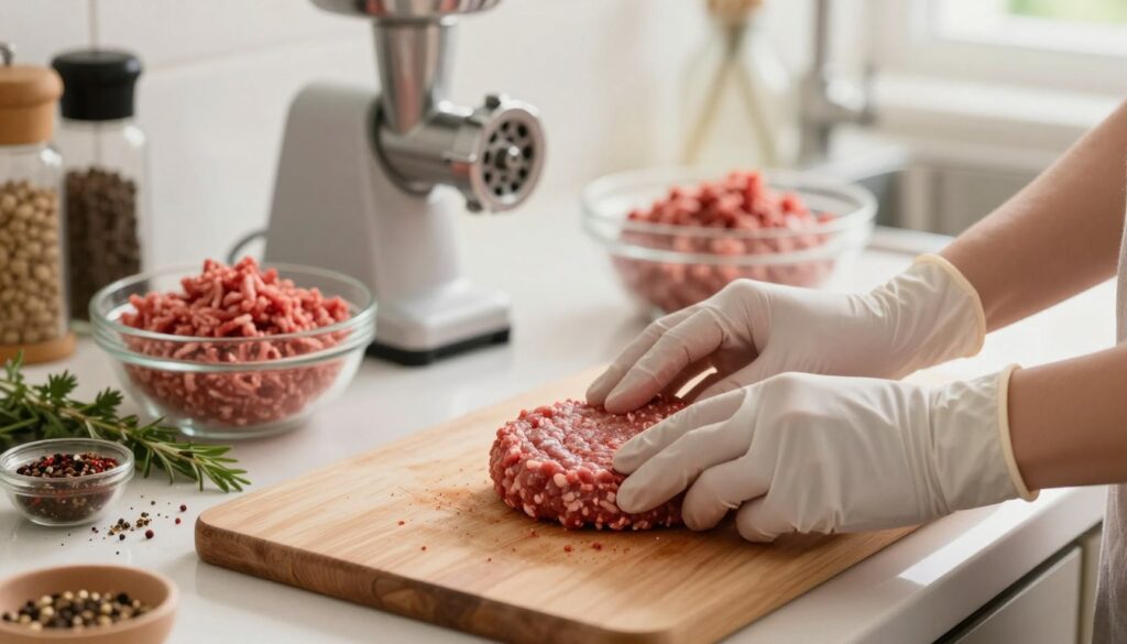 A well-composed scene of a kitchen countertop where freshly ground beef is being shaped into burger patties. In the foreground, a pair of clean, gloved hands firmly press seasoned meat into a round shape, showcasing texture and juiciness. A cutting board with spices and herbs adds color and interest. In the middle background, various tools like a meat grinder and a bowl filled with ground beef create a visually appealing setup. The background features soft-focus kitchen elements like a spice rack and a window letting in warm, natural light. The mood is inviting and homey, evoking the joy of home cooking. The composition should be shot from a slightly elevated angle to highlight the preparation process, with soft, diffused lighting enhancing the freshness of the ingredients.