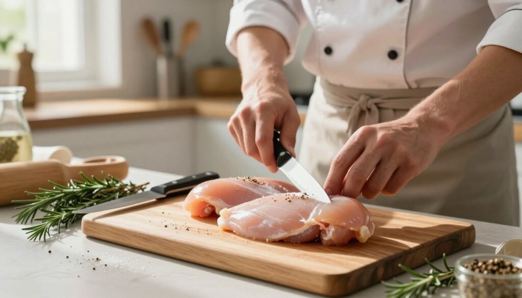 A well-lit kitchen scene featuring the preparation of chicken breasts for cooking. In the foreground, a wooden cutting board displays two freshly filleted chicken breasts, with a sprinkle of salt and pepper. A sharp knife rests beside the chicken, and fresh herbs, like rosemary and thyme, are scattered around. In the middle ground, a chef in modest casual attire is focused on trimming the chicken, showcasing proper technique and care. The background reveals a neatly organized kitchen with various cooking utensils and ingredients in soft focus, creating a warm and inviting atmosphere. The lighting is bright and natural, coming from a window, emphasizing the freshness of the ingredients while casting gentle shadows for depth.