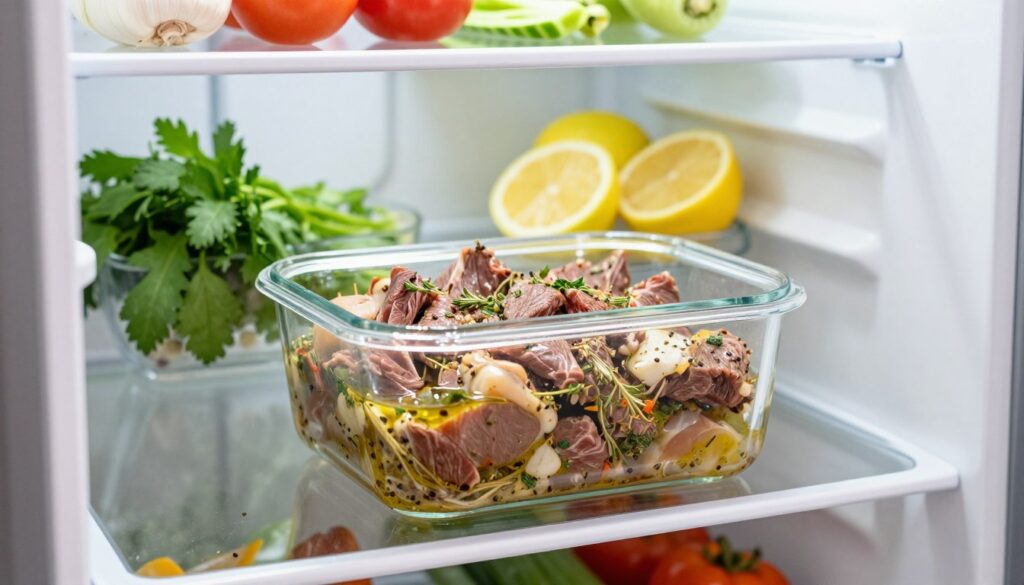 A well-organized refrigerator interior showcasing a glass container filled with marinated meat. The foreground features a close-up of the container, revealing juicy cuts of beef or chicken marinated in a vibrant blend of herbs, spices, and olive oil. In the middle, the refrigerator shelves are stocked with various ingredients such as fresh herbs, sliced lemons, and colorful vegetables, providing a glimpse into preparation. The background is softly illuminated, emphasizing the cool, clean aesthetics of a modern kitchen fridge. The lighting is bright and natural, evoking a fresh and inviting atmosphere, while the angle captures both the container and the surrounding ingredients, reinforcing the idea of proper meat marination techniques.