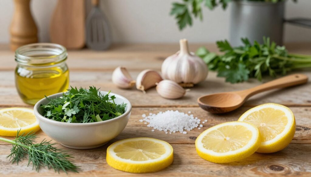An aesthetic arrangement of ingredients for a salmon marinade on a rustic wooden table. In the foreground, a small ceramic bowl filled with bright green chopped herbs like dill and parsley, surrounded by fresh lemon slices. Beside it, a small jar of golden olive oil and a wooden spoon. In the middle, garlic cloves and a pinch of sea salt scattered artistically around the ingredients, creating a sense of preparation. The background features blurred kitchen utensils and herbs hanging, suggesting a homely cooking atmosphere. Soft, natural lighting enhances the vibrant colors of the ingredients, casting gentle shadows. The composition evokes a sense of freshness and culinary inspiration, ideal for discussing flavors and proportions in a salmon marinade.