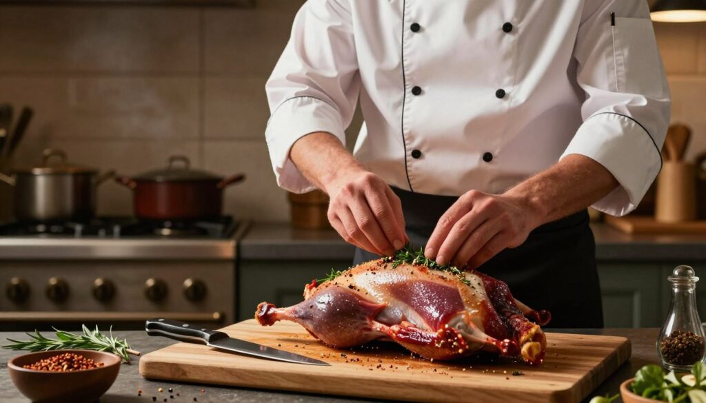 An elegant kitchen scene showcasing the preparation of goose for roasting. In the foreground, a beautifully arranged cutting board with pieces of raw goose, glistening with seasoning and fresh herbs, alongside a sharp knife. The middle ground features a chef in professional attire, focused on meticulously rubbing spices and herbs onto the goose meat. Behind them, a rustic kitchen adorned with pots and pans, with warm, ambient lighting casting soft shadows. The scene captures an atmosphere of culinary artistry and care, with a hint of smoke from an oven in the background, suggesting the anticipation of roasting. The overall mood is inviting and homely, emphasizing the joy of cooking. An elegant kitchen scene showcasing the preparation of goose for roasting. In the foreground, a beautifully arranged cutting board with pieces of raw goose, glistening with seasoning and fresh herbs, alongside a sharp knife. The middle ground features a chef in professional attire, focused on meticulously rubbing spices and herbs onto the goose meat. Behind them, a rustic kitchen adorned with pots and pans, with warm, ambient lighting casting soft shadows. The scene captures an atmosphere of culinary artistry and care, with a hint of smoke from an oven in the background, suggesting the anticipation of roasting. The overall mood is inviting and homely, emphasizing the joy of cooking.
