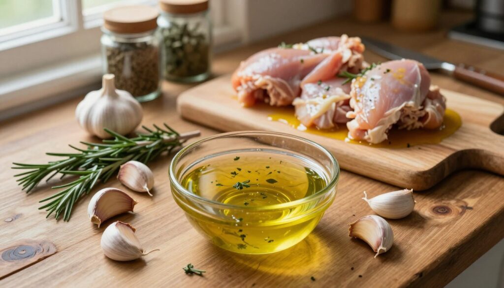 An overhead view of a rustic wooden kitchen table, adorned with fresh ingredients for homemade chicken marinade. In the foreground, a small glass bowl filled with a vibrant, golden marinade made of olive oil, lemon juice, garlic, and fresh herbs. Nearby, whole garlic cloves and sprigs of rosemary are artistically scattered. In the middle ground, a cutting board features raw chicken pieces marinating, soaking up the rich colors of the marinade. The background includes blurred vintage kitchen utensils and spices in jars, giving a warm, inviting atmosphere. Soft natural light filters in through a window, creating a cozy ambiance that highlights the textures and colors. This image should evoke a sense of home cooking and flavorful preparation.