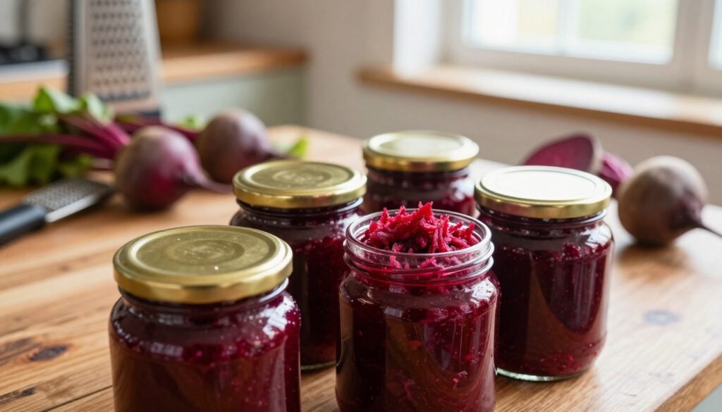 Close-up of beautifully arranged jars of grated beetroot, showcasing the vibrant deep red color and texture of the beets. The foreground features elegantly filled glass jars with golden lids, reflecting the light. In the middle ground, a rustic wooden kitchen table adorned with a few fresh beetroots and a grater, indicating preparation. The background hints at a warm, sunlit kitchen atmosphere with soft, natural light filtering through a nearby window. The overall mood is cozy and inviting, suggesting homemade freshness and traditional preservation methods. Use a shallow depth of field to keep the focus on the jars while softly blurring the background for a harmonious composition. Close-up of beautifully arranged jars of grated beetroot, showcasing the vibrant deep red color and texture of the beets. The foreground features elegantly filled glass jars with golden lids, reflecting the light. In the middle ground, a rustic wooden kitchen table adorned with a few fresh beetroots and a grater, indicating preparation. The background hints at a warm, sunlit kitchen atmosphere with soft, natural light filtering through a nearby window. The overall mood is cozy and inviting, suggesting homemade freshness and traditional preservation methods. Use a shallow depth of field to keep the focus on the jars while softly blurring the background for a harmonious composition.