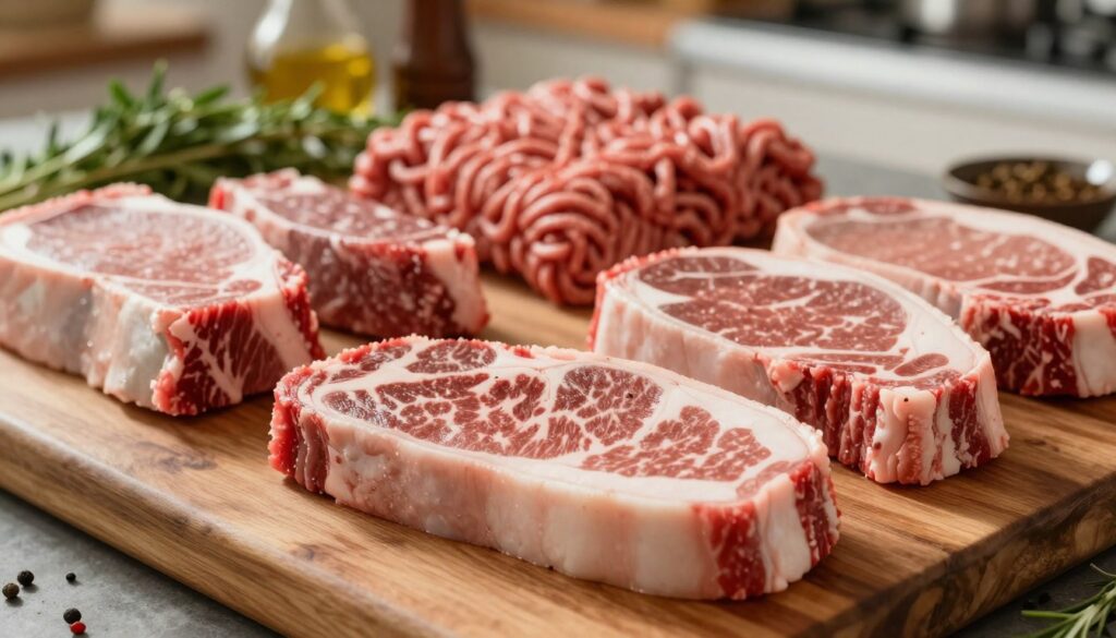 Fresh, high-quality beef cuts displayed prominently in the foreground, showcasing marbling of fat for visual interest and texture. The middle ground features an assortment of raw meats, such as ground beef and steaks, arranged artfully on a rustic wooden cutting board. In the background, a softly blurred kitchen setting with herbs and spices enhances the home-cooking atmosphere, emphasizing freshness. The lighting is warm and natural, with soft shadows creating depth and inviting warmth. A slightly overhead angle highlights the juiciness and vibrant colors of the meat, with a focus on the fat content that promises flavor. The overall mood is appetizing and engaging, capturing the essence of choosing meat for a delicious, juicy burger. Fresh, high-quality beef cuts displayed prominently in the foreground, showcasing marbling of fat for visual interest and texture. The middle ground features an assortment of raw meats, such as ground beef and steaks, arranged artfully on a rustic wooden cutting board. In the background, a softly blurred kitchen setting with herbs and spices enhances the home-cooking atmosphere, emphasizing freshness. The lighting is warm and natural, with soft shadows creating depth and inviting warmth. A slightly overhead angle highlights the juiciness and vibrant colors of the meat, with a focus on the fat content that promises flavor. The overall mood is appetizing and engaging, capturing the essence of choosing meat for a delicious, juicy burger.