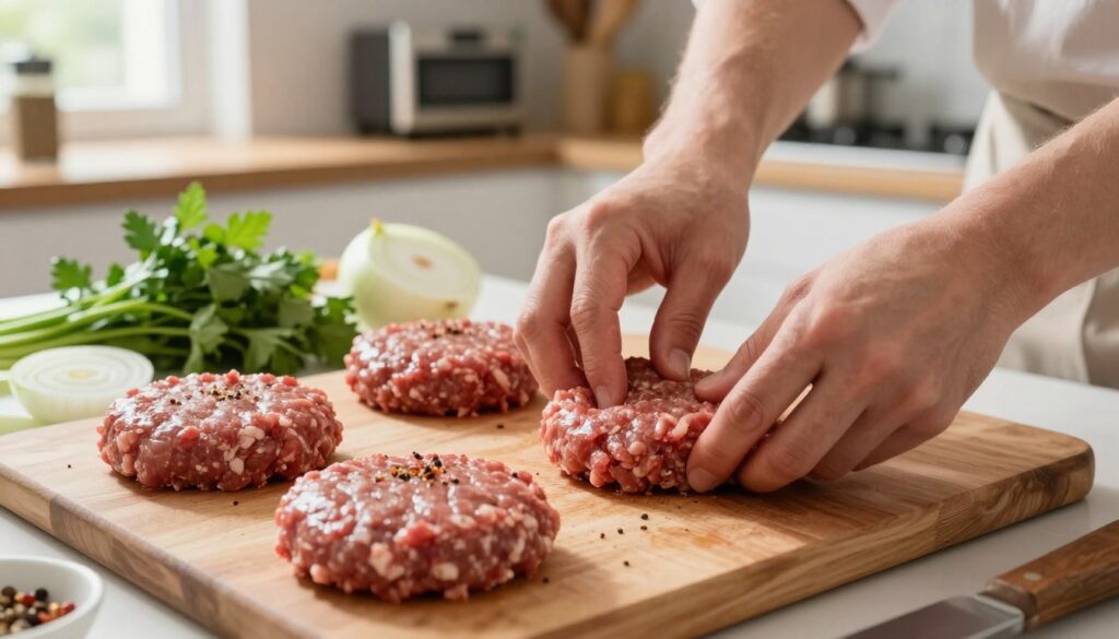 In a bright, inviting kitchen, a pair of hands skillfully form ground meat into round, thick burger patties on a clean wooden cutting board. The foreground captures the textured surface of the meat, glistening slightly with spices and herbs visible throughout. In the middle ground, ingredients like fresh herbs, sliced onions, and seasonings are arranged artfully around the patties, showcasing the preparation process. The background features softly blurred kitchen appliances and a window with natural light streaming in, creating a warm, cozy atmosphere. The focus is sharp on the hands and patties, with a shallow depth of field to emphasize the act of shaping the burgers, enhancing the scene’s feeling of culinary craftsmanship.