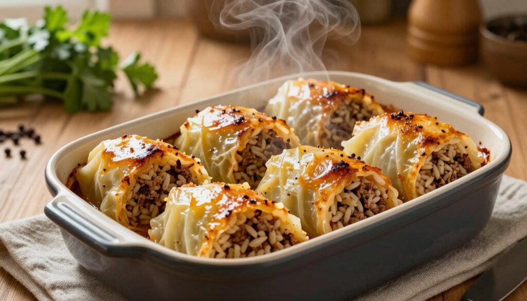 In a cozy kitchen, a dish of traditional Polish baked cabbage rolls (gołąbki) is beautifully arranged in a rustic ceramic baking dish. The rolls, stuffed with a savory mixture of minced meat and rice, are golden brown on top, glistening with hints of delicious spices. Steam rises gently from the dish, indicating they are freshly out of the oven. The background features a wooden countertop adorned with green herbs and spices. Soft, warm lighting enhances the inviting atmosphere, casting gentle shadows that create depth. The focus is on the dish in the foreground, with a blurred effect on the background, reminiscent of a home-cooked meal. The overall mood is warm, inviting, and homely, perfect for a culinary article on cooking techniques.