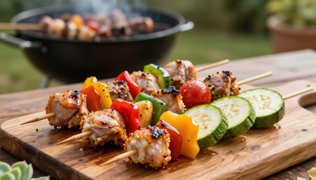 Succulent pieces of marinated chicken, vibrant bell peppers, plump cherry tomatoes, and sliced zucchini skewered on wooden sticks, ready for grilling. The arrangement is set against a rustic wooden table, with a blurred outdoor barbecue in the background. Soft, natural lighting casts a warm glow, enhancing the rich colors of the ingredients. A close-up angle captures the textures of the meat and vegetables, showcasing the juicy surface of the chicken and the crispness of the veggies. The atmosphere is inviting and summery, evoking the joy of preparing food for a gathering. Succulent pieces of marinated chicken, vibrant bell peppers, plump cherry tomatoes, and sliced zucchini skewered on wooden sticks, ready for grilling. The arrangement is set against a rustic wooden table, with a blurred outdoor barbecue in the background. Soft, natural lighting casts a warm glow, enhancing the rich colors of the ingredients. A close-up angle captures the textures of the meat and vegetables, showcasing the juicy surface of the chicken and the crispness of the veggies. The atmosphere is inviting and summery, evoking the joy of preparing food for a gathering.